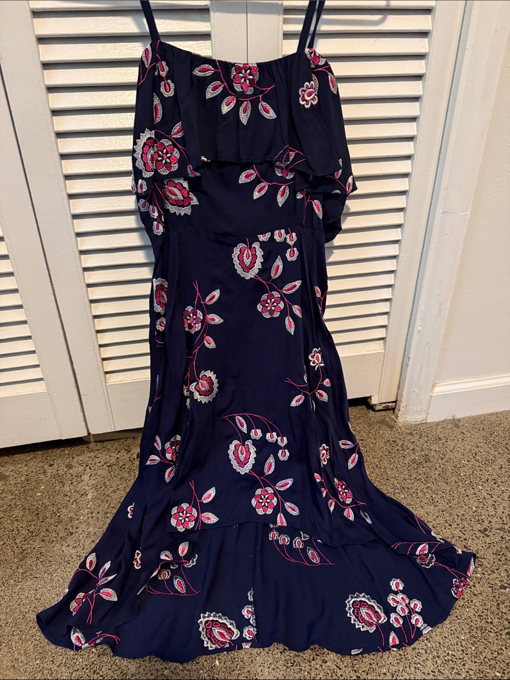 Aqua Navy Maxi Dress with Pink and Cream Floral Embroidery
